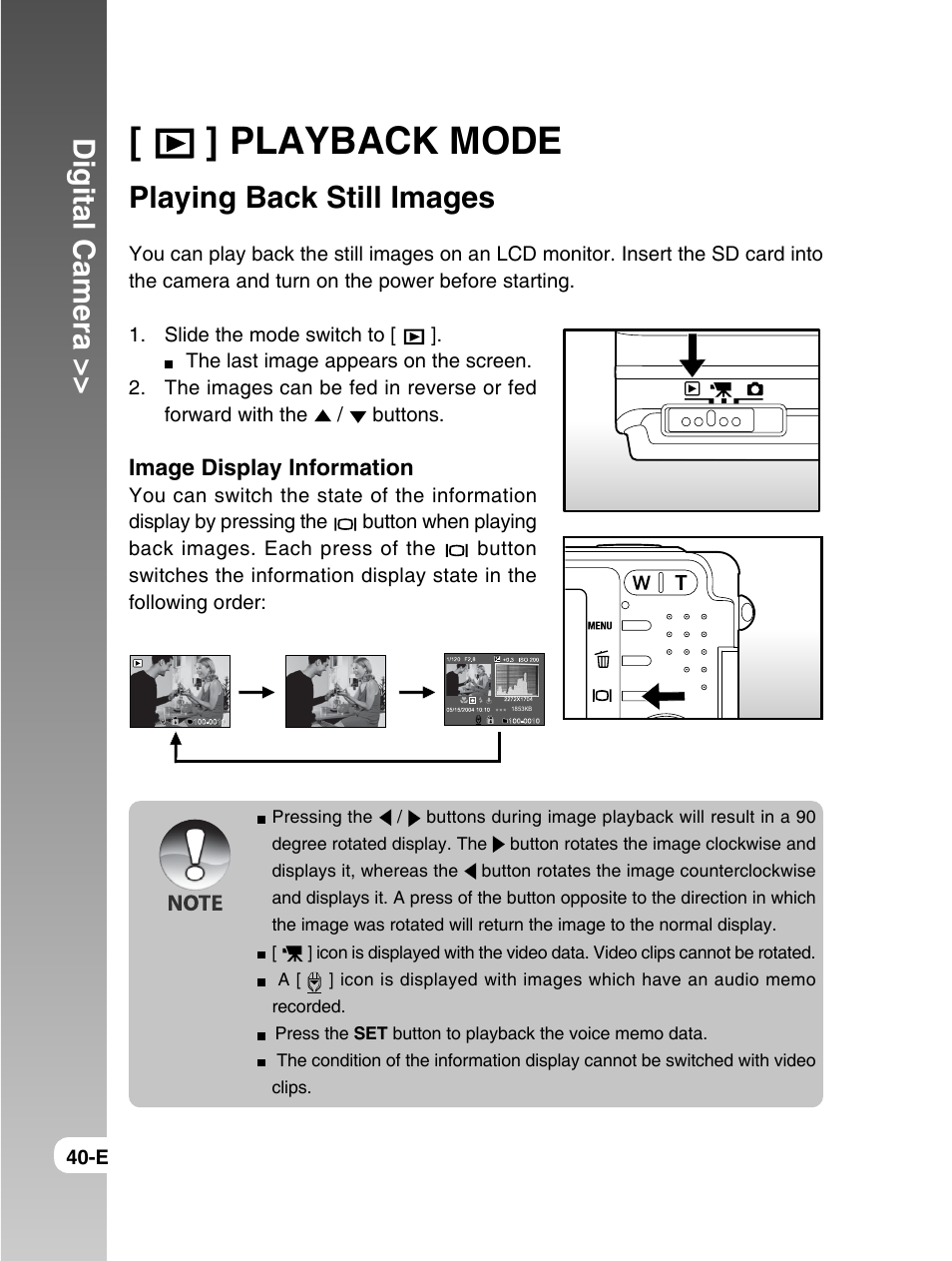Playback mode, Digital camera, Playing back still images | Konica Minolta E50 User Manual | Page 40 / 75