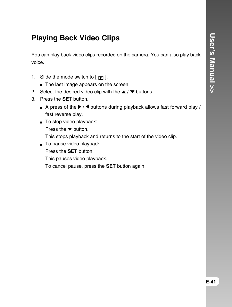 User’s manual, Playing back video clips | Konica Minolta E50 User Manual | Page 41 / 75