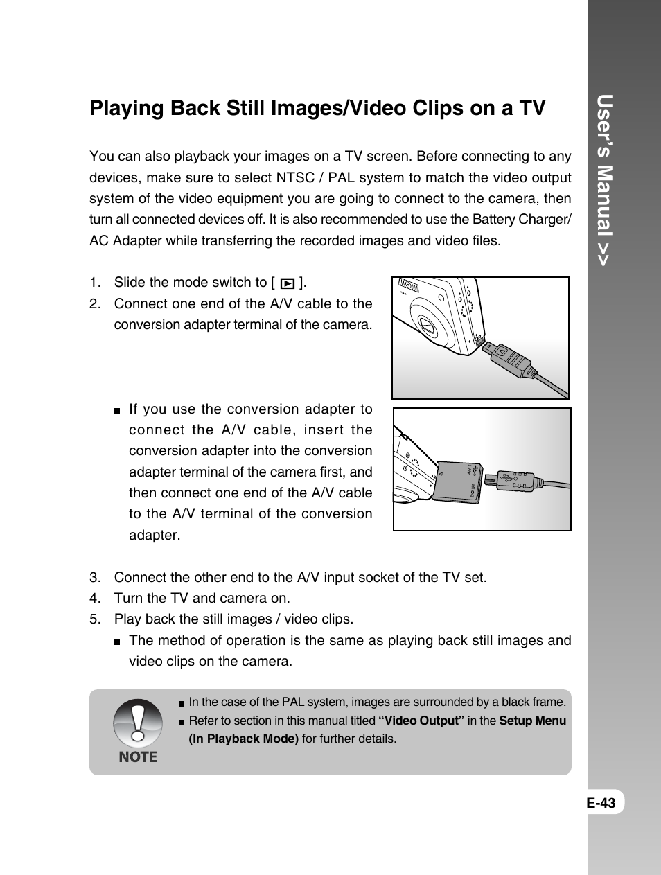 User’s manual, Playing back still images/video clips on a tv | Konica Minolta E50 User Manual | Page 43 / 75
