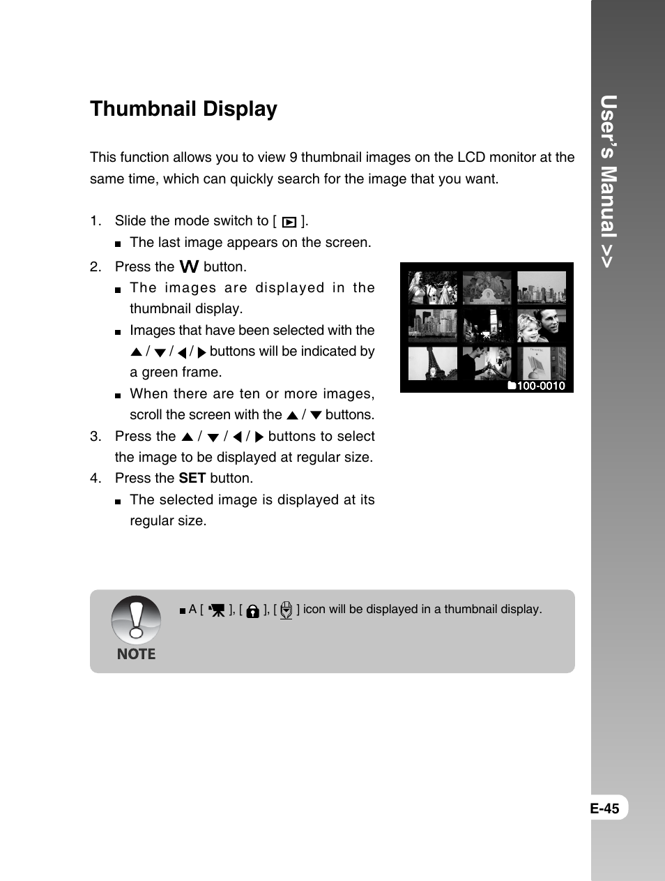 User’s manual, Thumbnail display | Konica Minolta E50 User Manual | Page 45 / 75
