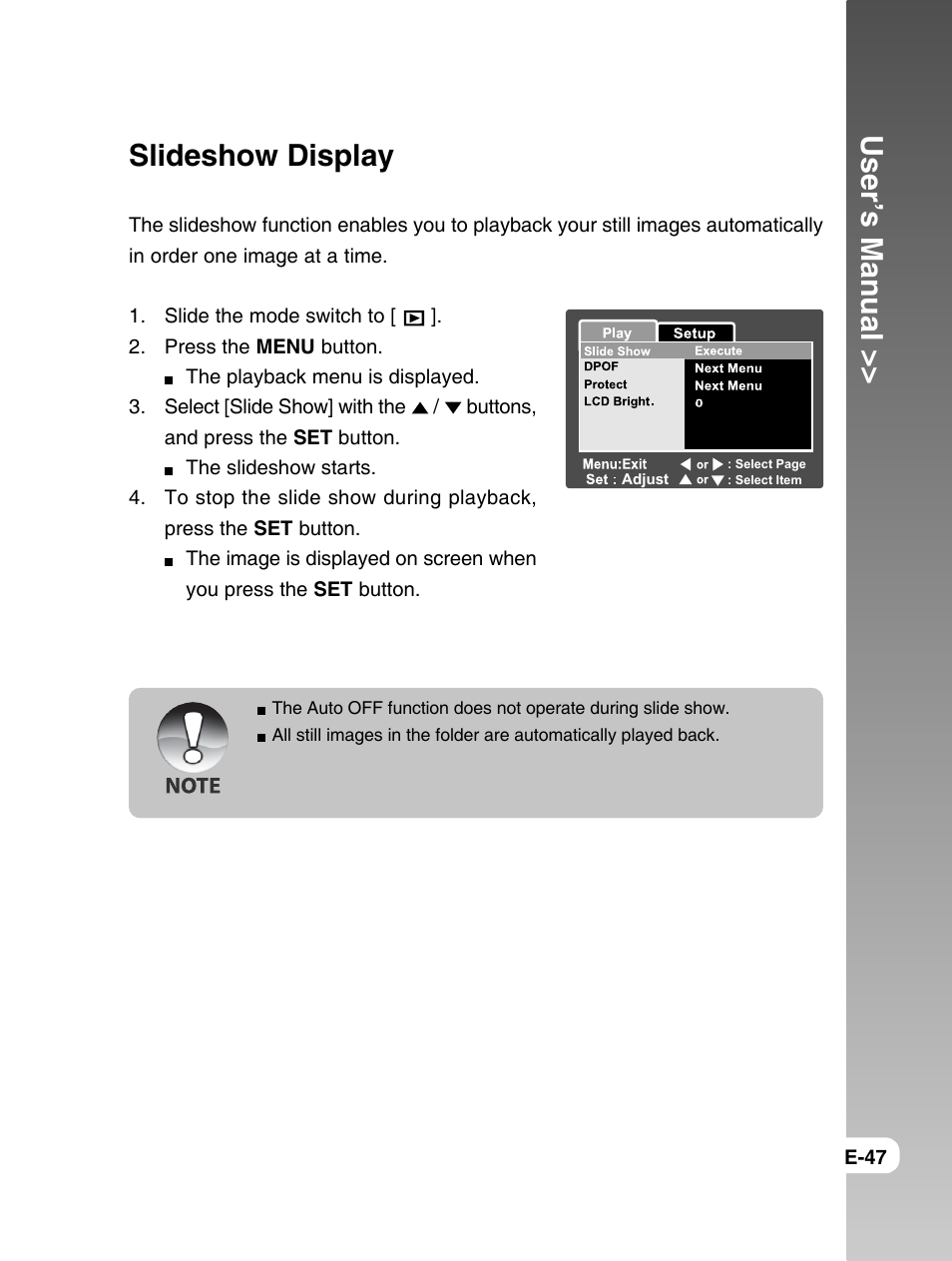 User’s manual, Slideshow display | Konica Minolta E50 User Manual | Page 47 / 75