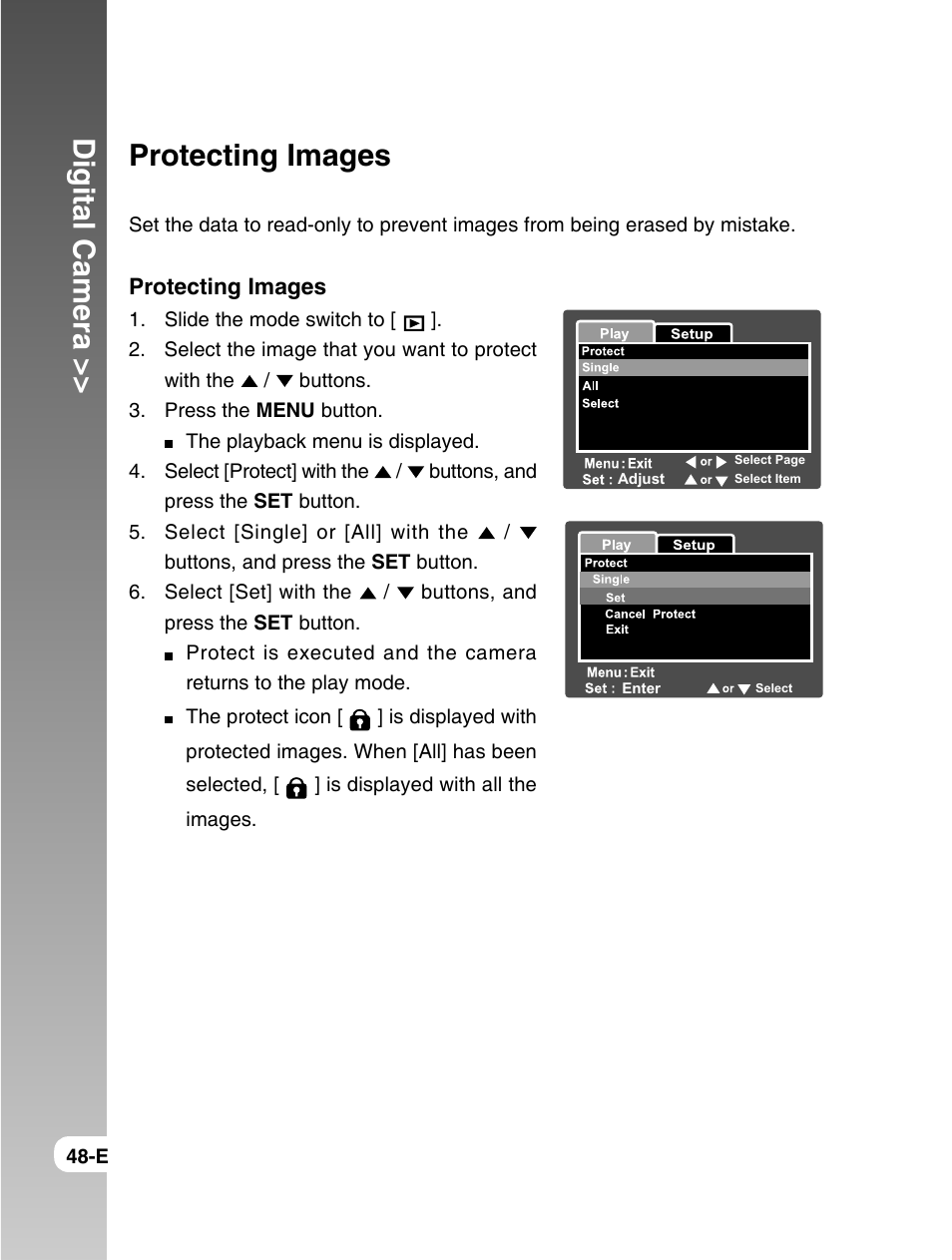 Digital camera, Protecting images | Konica Minolta E50 User Manual | Page 48 / 75