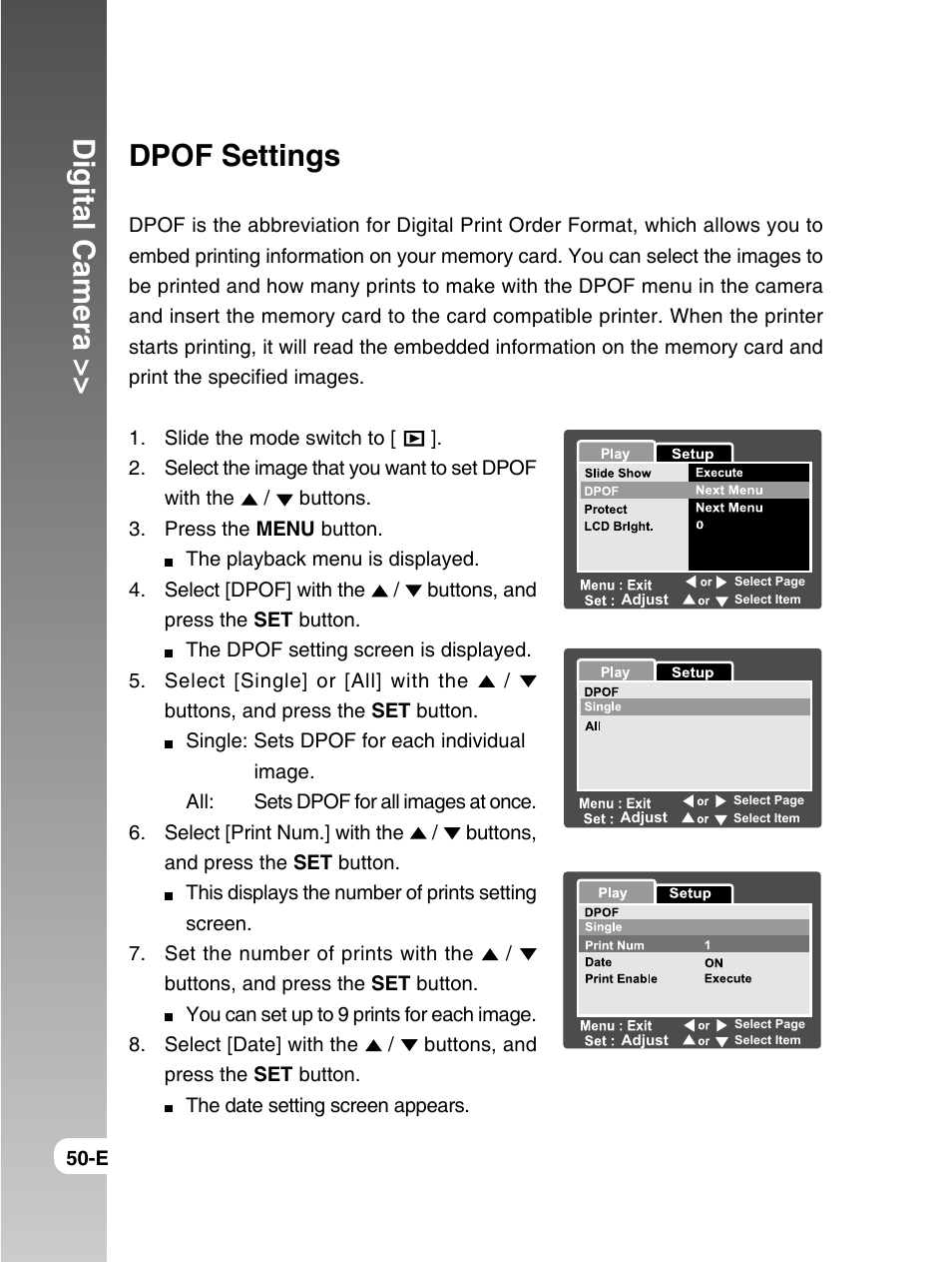 Digital camera, Dpof settings | Konica Minolta E50 User Manual | Page 50 / 75