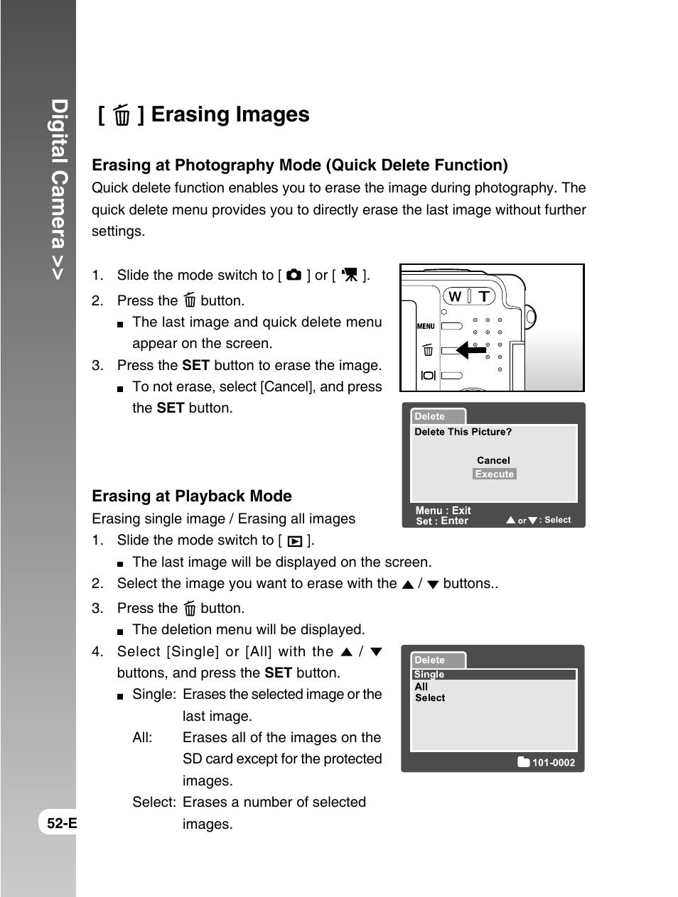 Digital camera, Erasing images | Konica Minolta E50 User Manual | Page 52 / 75