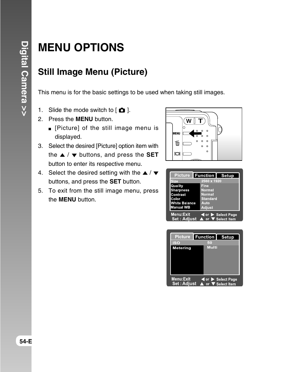 Menu options, Digital camera, Still image menu (picture) | Konica Minolta E50 User Manual | Page 54 / 75