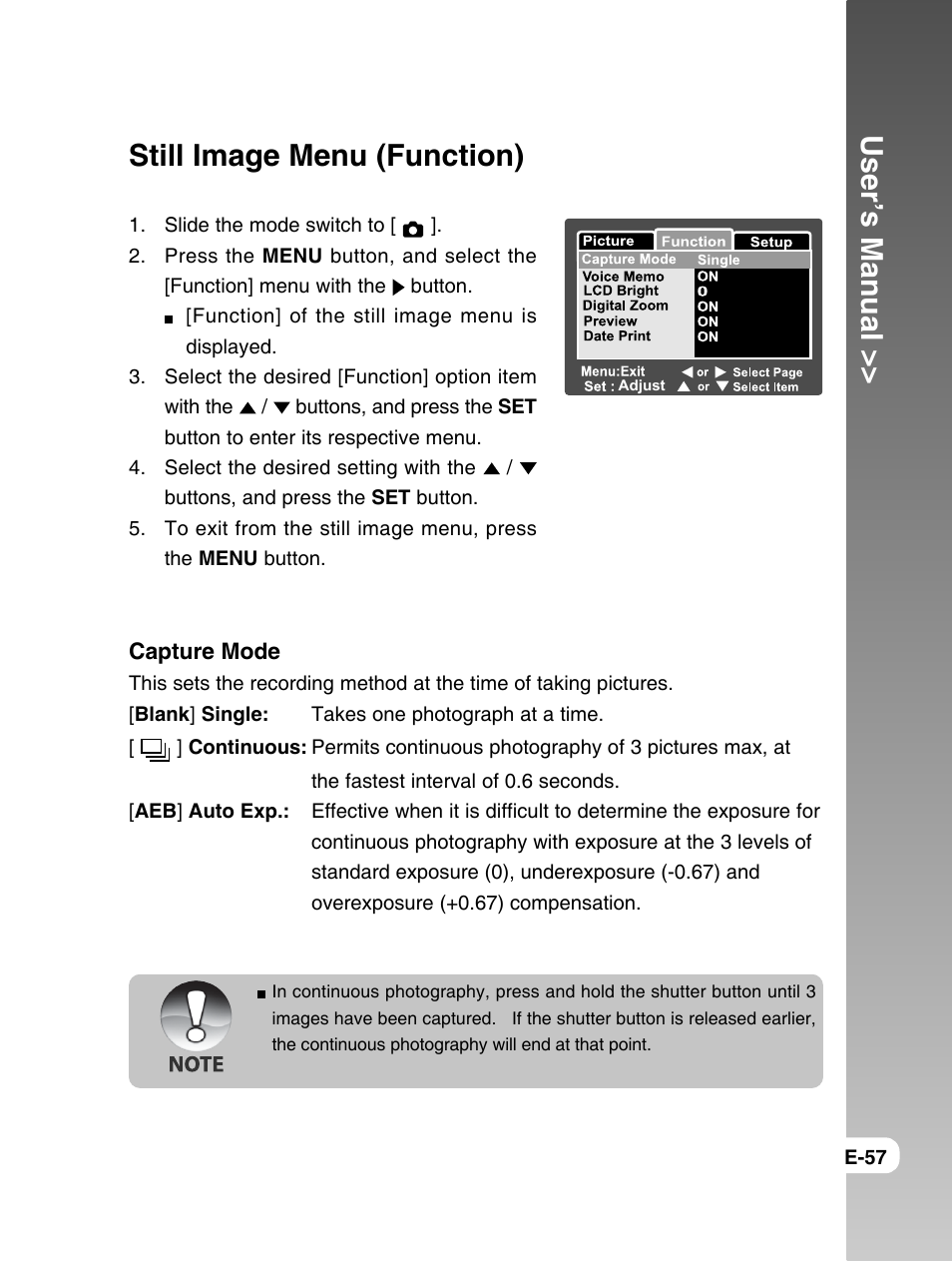 User’s manual, Still image menu (function) | Konica Minolta E50 User Manual | Page 57 / 75