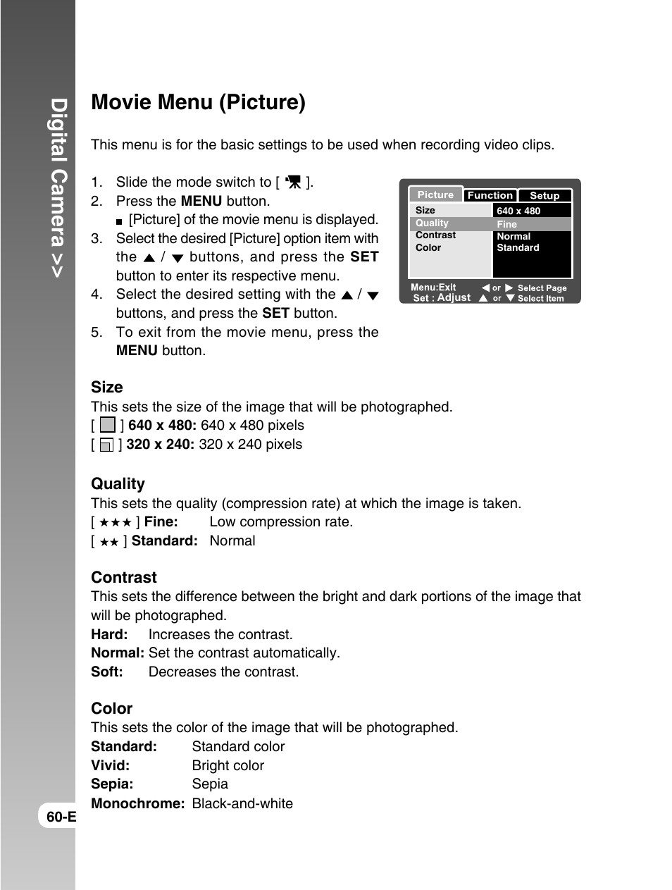 Digital camera, Movie menu (picture) | Konica Minolta E50 User Manual | Page 60 / 75