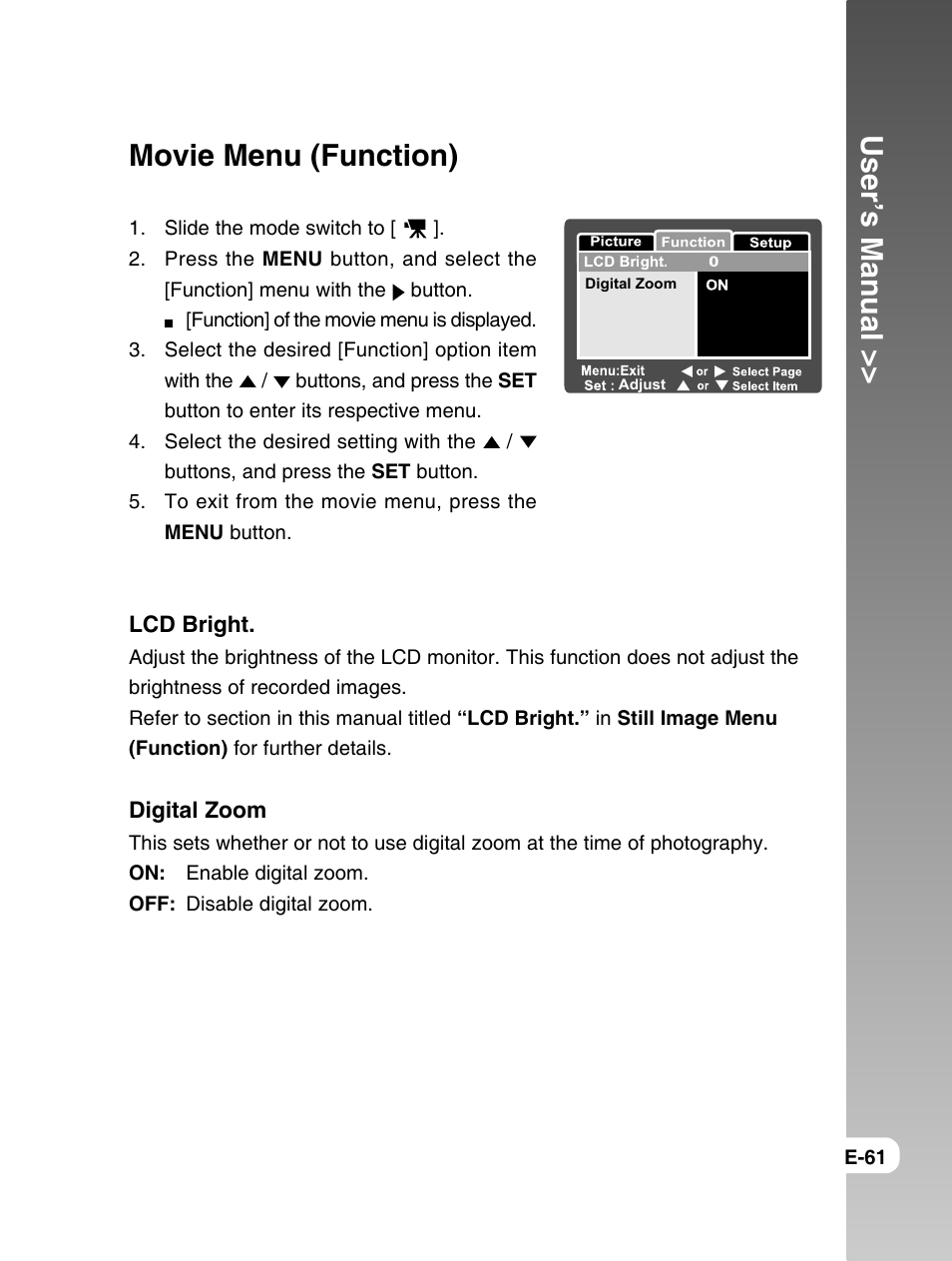 User’s manual, Movie menu (function) | Konica Minolta E50 User Manual | Page 61 / 75