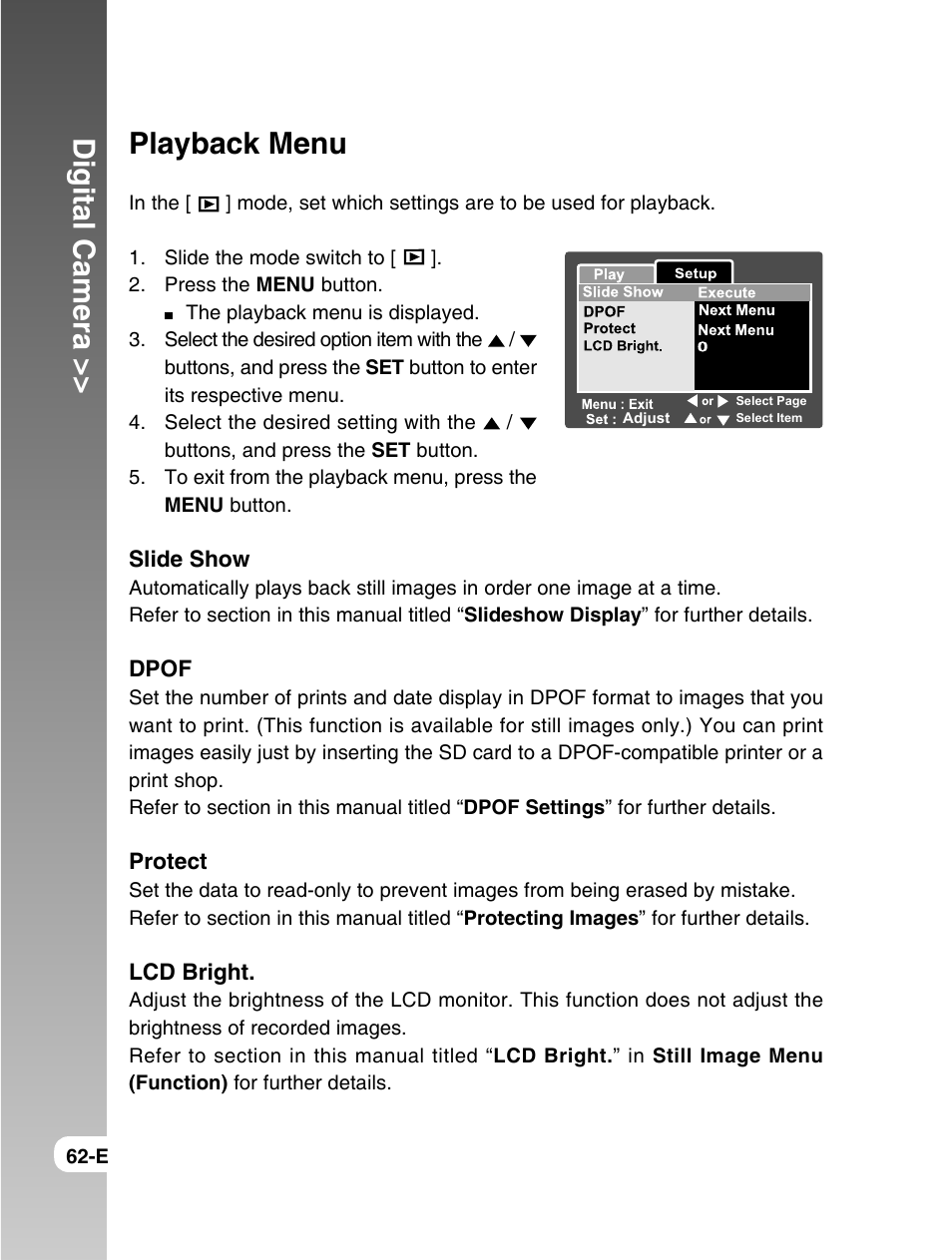 Digital camera, Playback menu | Konica Minolta E50 User Manual | Page 62 / 75