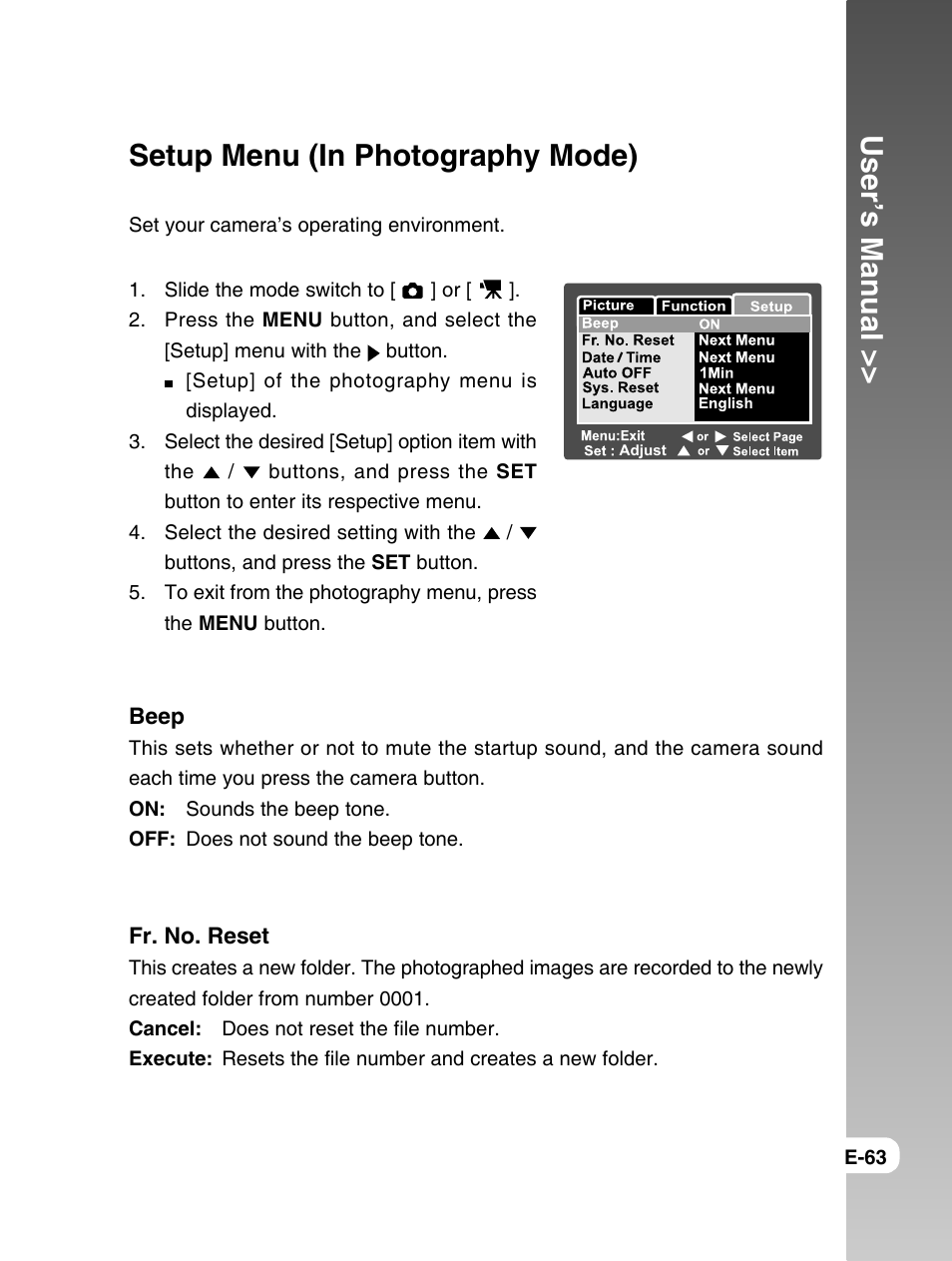 User’s manual, Setup menu (in photography mode) | Konica Minolta E50 User Manual | Page 63 / 75