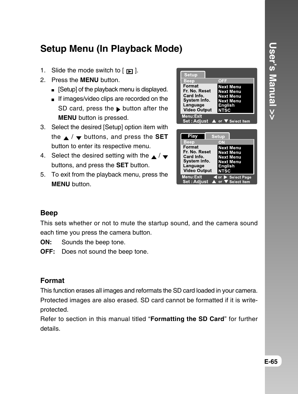 User’s manual, Setup menu (in playback mode) | Konica Minolta E50 User Manual | Page 65 / 75