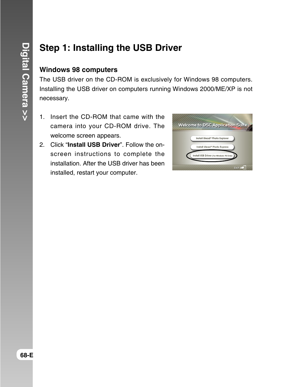 Digital camera, Step 1: installing the usb driver | Konica Minolta E50 User Manual | Page 68 / 75