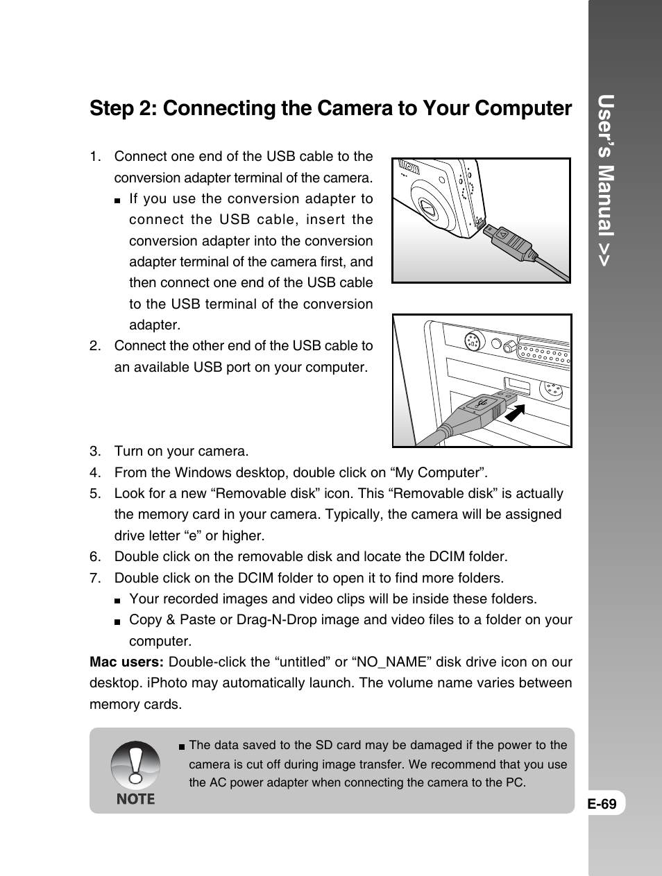 User’s manual, Step 2: connecting the camera to your computer | Konica Minolta E50 User Manual | Page 69 / 75