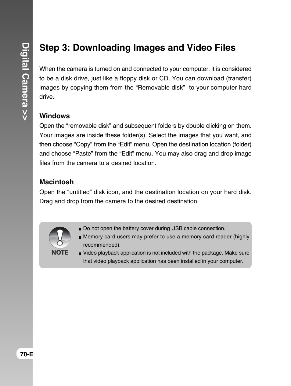 Digital camera, Step 3: downloading images and video files | Konica Minolta E50 User Manual | Page 70 / 75