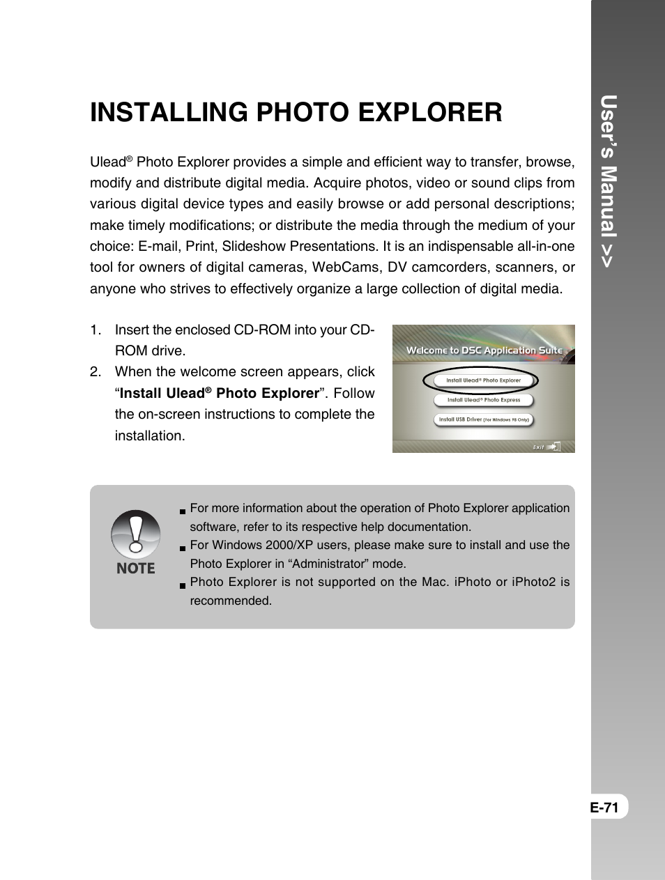 Installing photo explorer, User’s manual | Konica Minolta E50 User Manual | Page 71 / 75