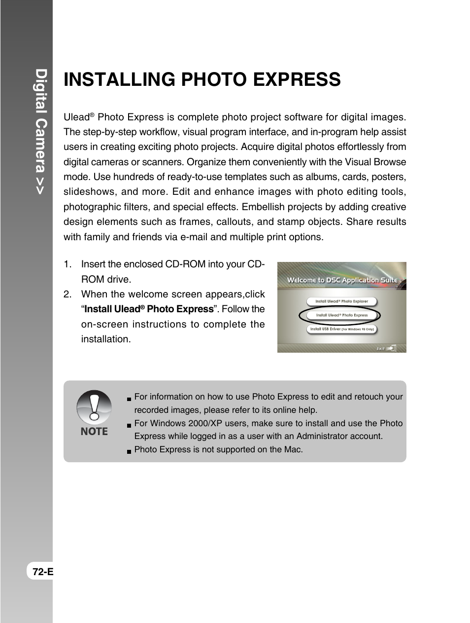 Installing photo express, Digital camera | Konica Minolta E50 User Manual | Page 72 / 75