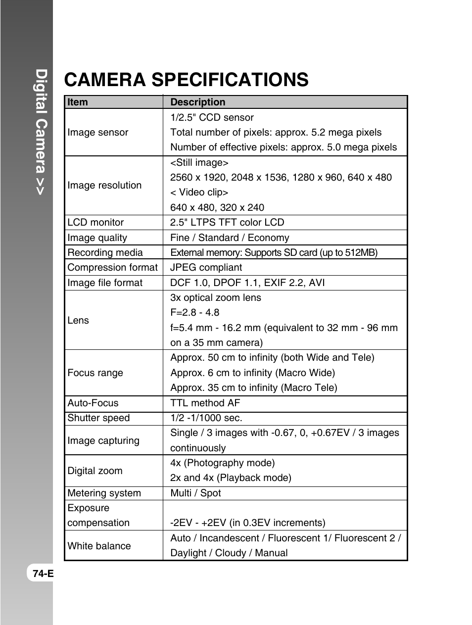 Camera specifications, Digital camera | Konica Minolta E50 User Manual | Page 74 / 75