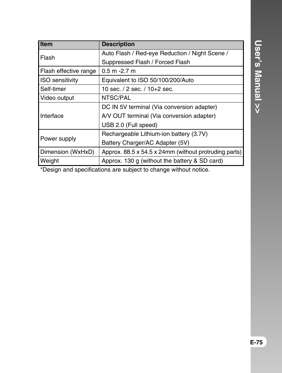 User’s manual | Konica Minolta E50 User Manual | Page 75 / 75