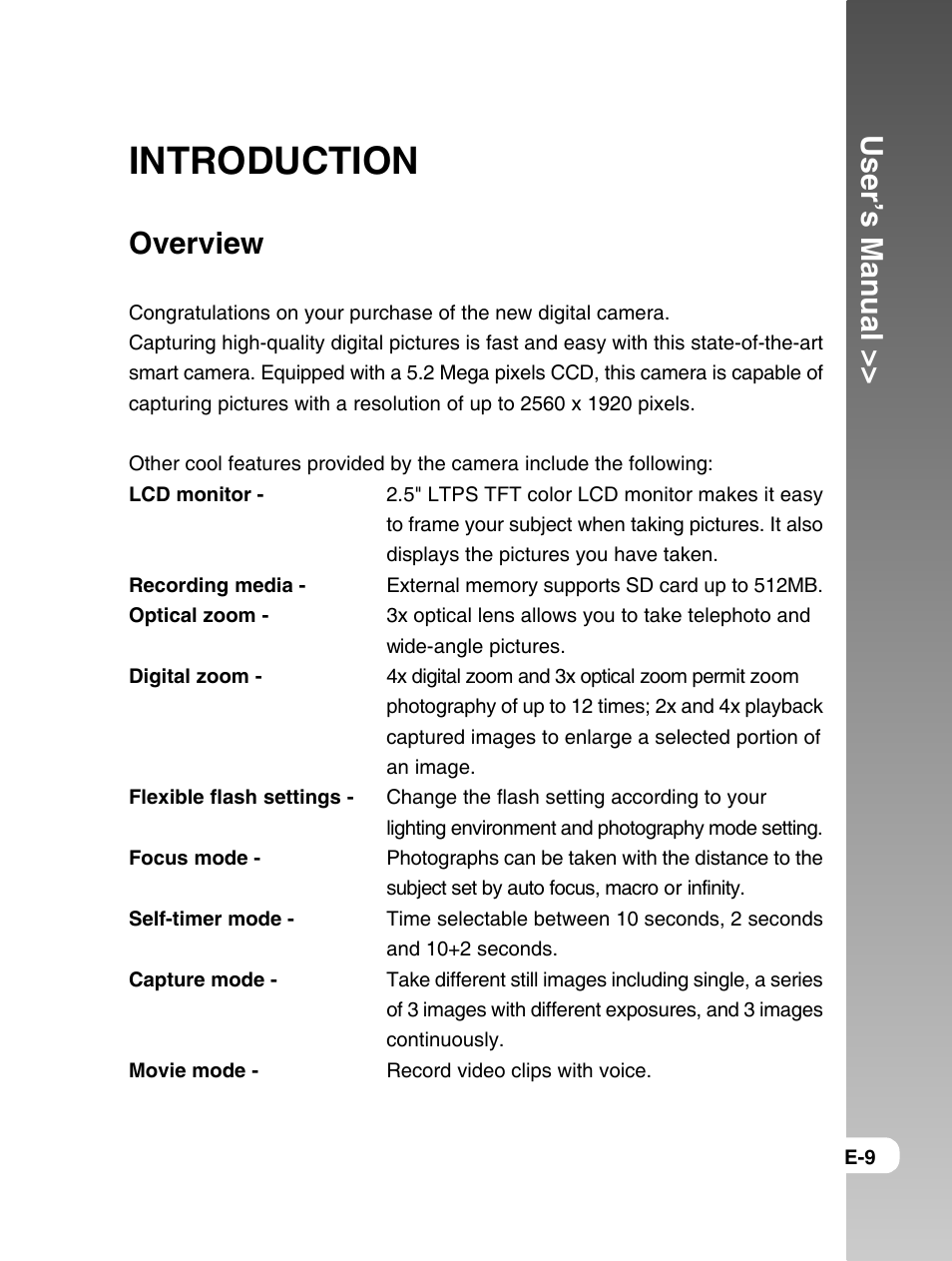Introduction, User’s manual, Overview | Konica Minolta E50 User Manual | Page 9 / 75