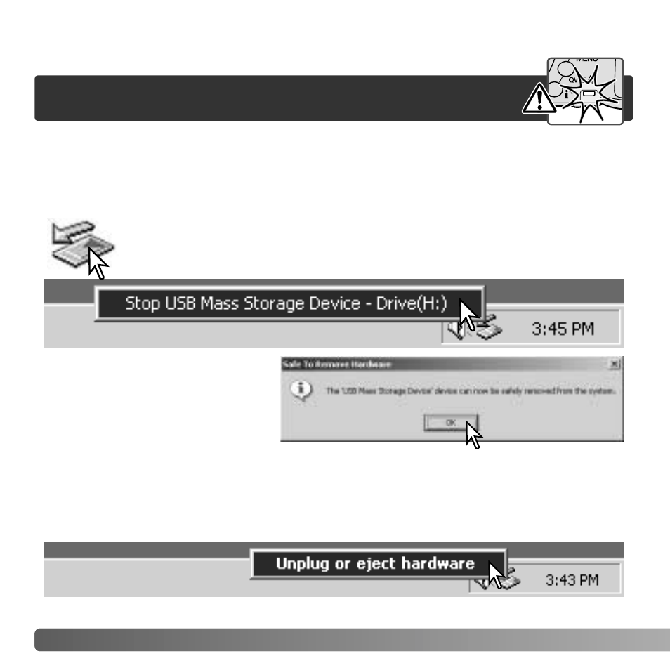 Disconnecting the camera, Windows me, 2000 professional, and xp, Windows 98 / 98 second edition | Konica Minolta DIMAGE Z5 User Manual | Page 110 / 132