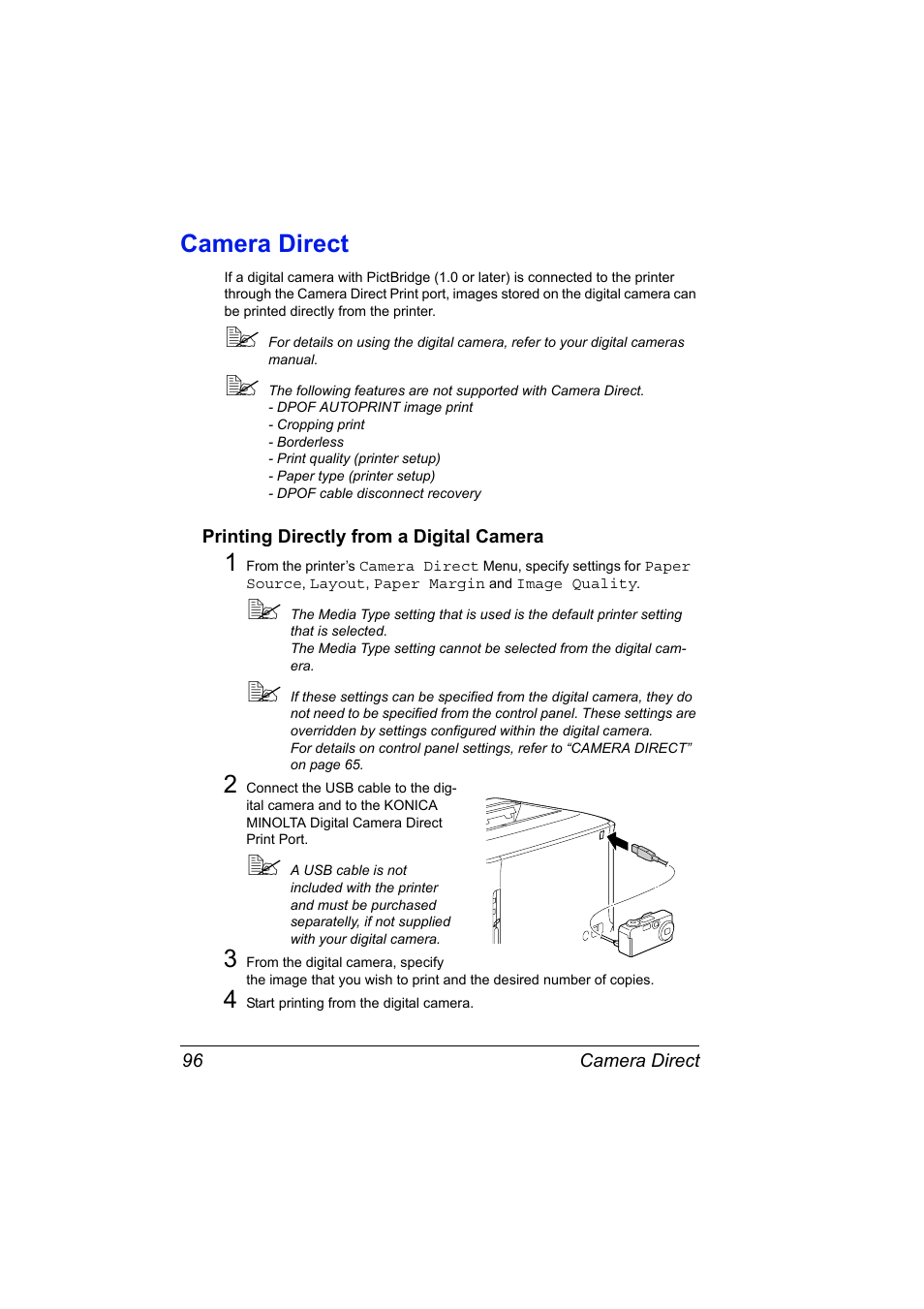 Camera direct, Printing directly from a digital camera, Camera direct 96 | Printing directly from a digital camera 96 | Konica Minolta PagePro 4650EN User Manual | Page 110 / 260