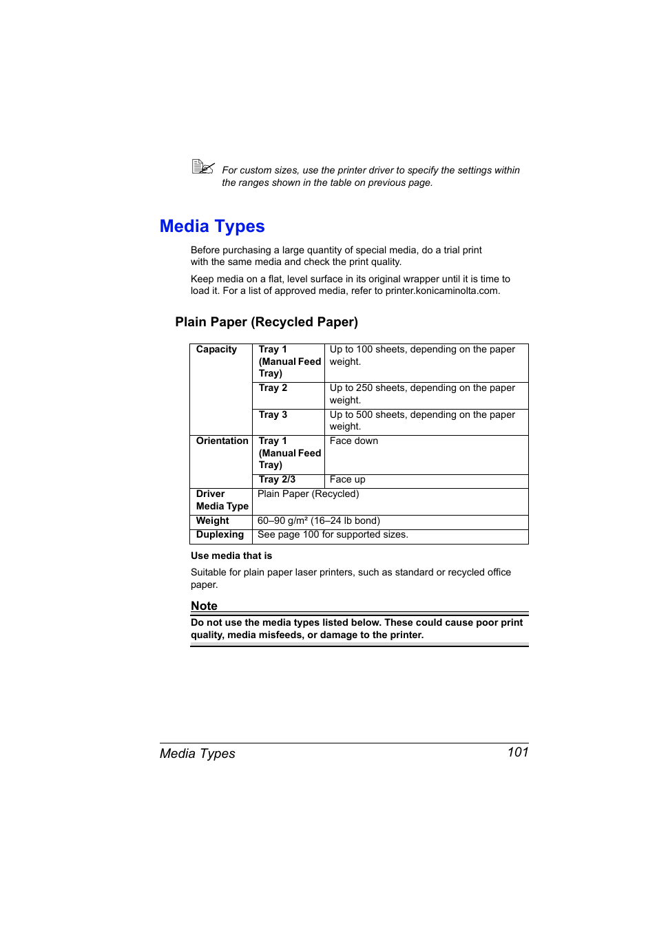 Media types, Plain paper (recycled paper), Media types 101 | Plain paper (recycled paper) 101 | Konica Minolta PagePro 4650EN User Manual | Page 115 / 260