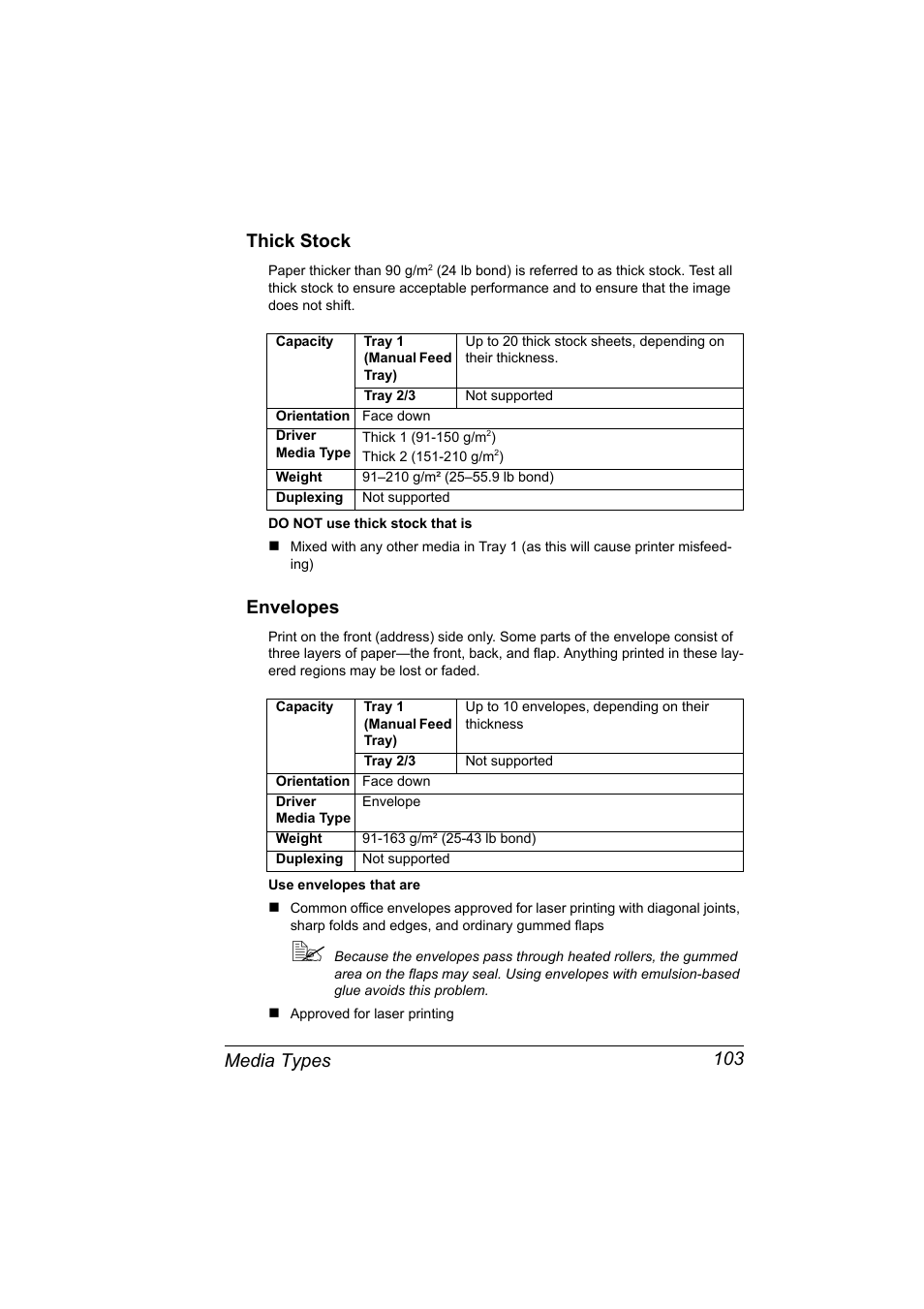 Thick stock, Envelopes, Thick stock 103 envelopes 103 | Media types 103 thick stock | Konica Minolta PagePro 4650EN User Manual | Page 117 / 260