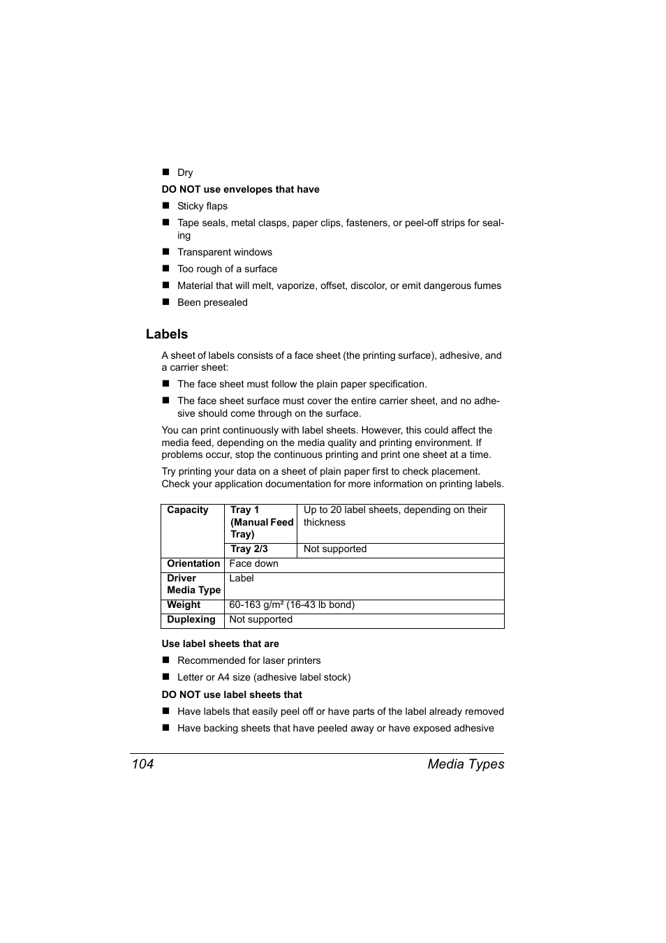 Labels, Labels 104, Media types 104 | Konica Minolta PagePro 4650EN User Manual | Page 118 / 260