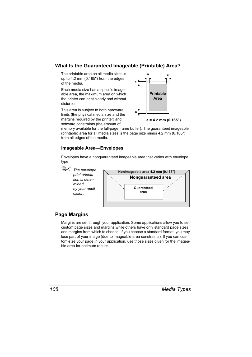 What is the guaranteed imageable (printable) area, Imageable area-envelopes, Imageable area—envelopes 108 | Page margins | Konica Minolta PagePro 4650EN User Manual | Page 122 / 260