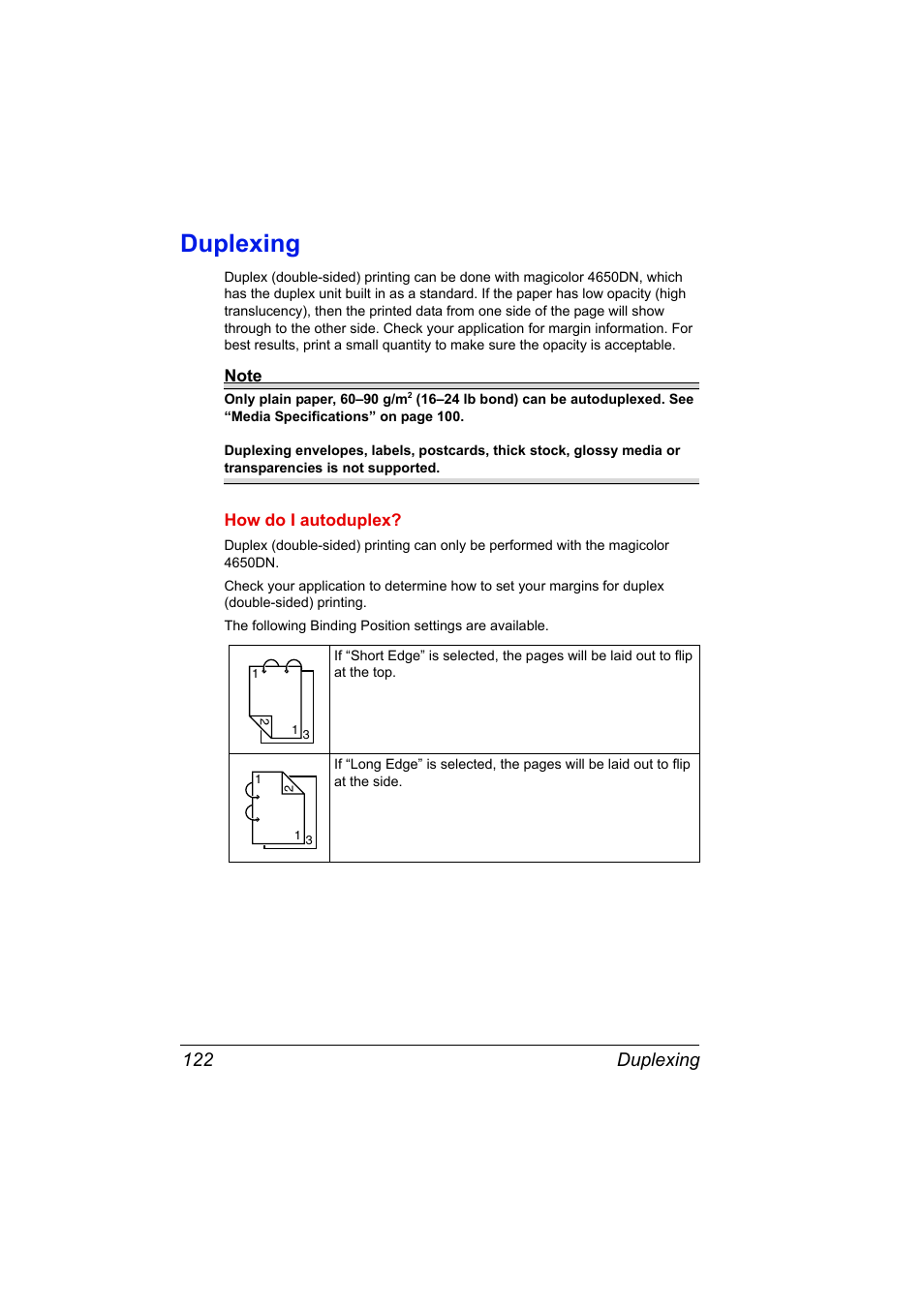 Duplexing, Duplexing 122 | Konica Minolta PagePro 4650EN User Manual | Page 136 / 260