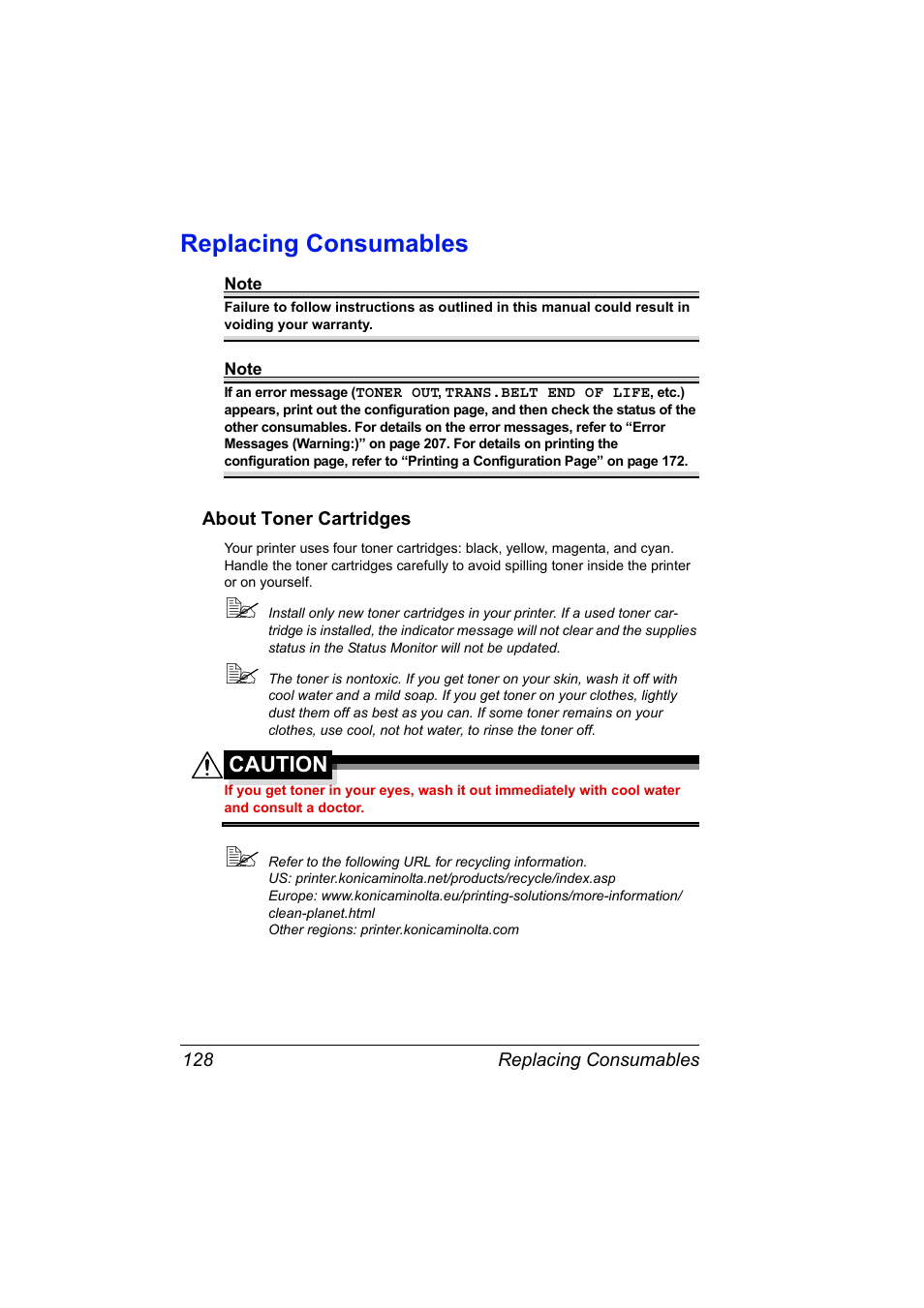 Replacing consumables, About toner cartridges, Replacing consumables 128 | About toner cartridges 128, Caution | Konica Minolta PagePro 4650EN User Manual | Page 142 / 260