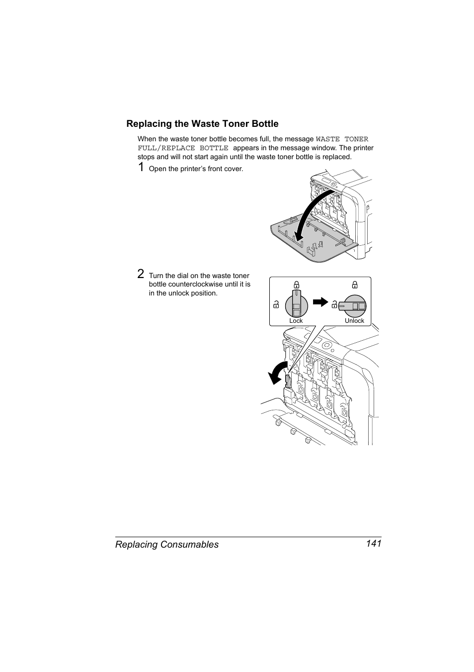 Replacing the waste toner bottle, Replacing the waste toner bottle 141 | Konica Minolta PagePro 4650EN User Manual | Page 155 / 260