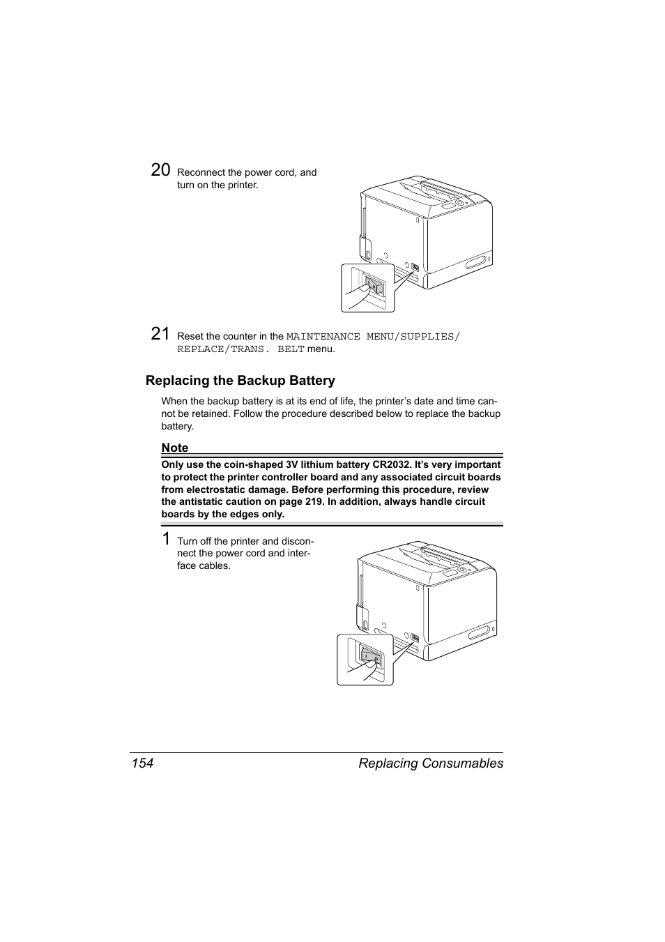 Replacing the backup battery, Replacing the backup battery 154 | Konica Minolta PagePro 4650EN User Manual | Page 168 / 260