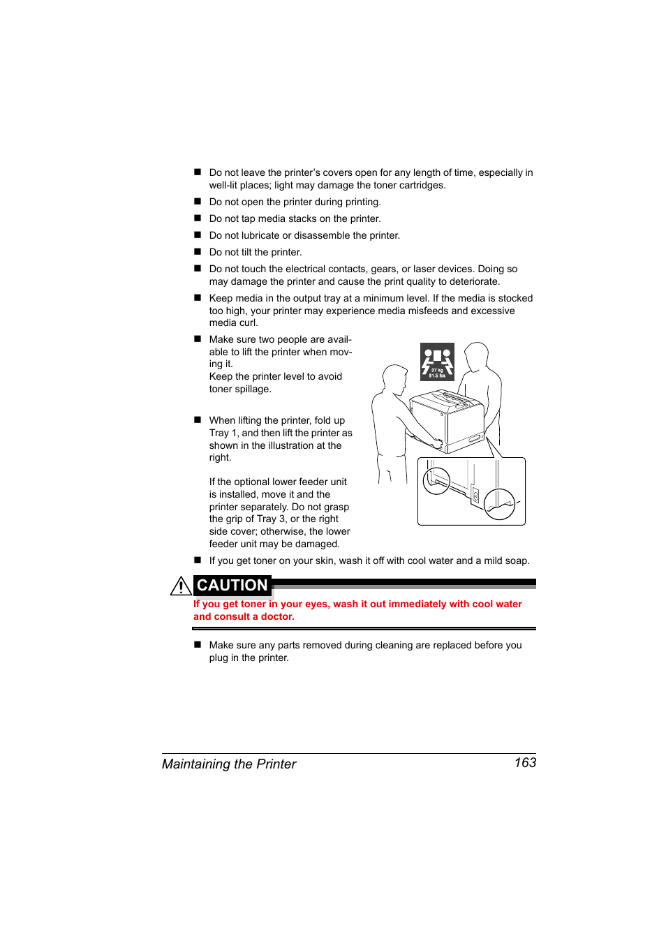 Caution, Maintaining the printer 163 | Konica Minolta PagePro 4650EN User Manual | Page 177 / 260