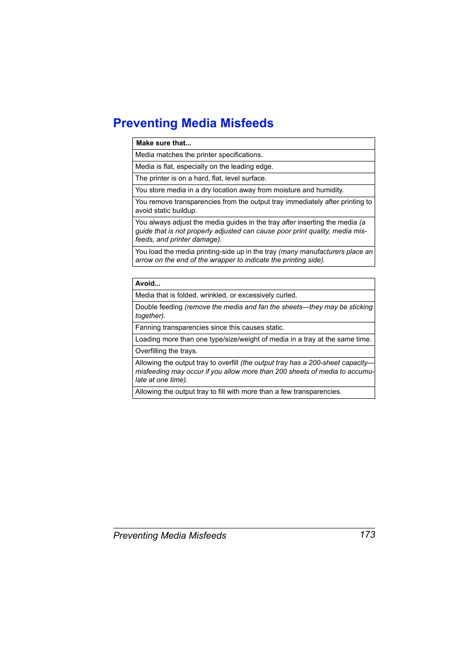 Preventing media misfeeds, Preventing media misfeeds 173 | Konica Minolta PagePro 4650EN User Manual | Page 187 / 260