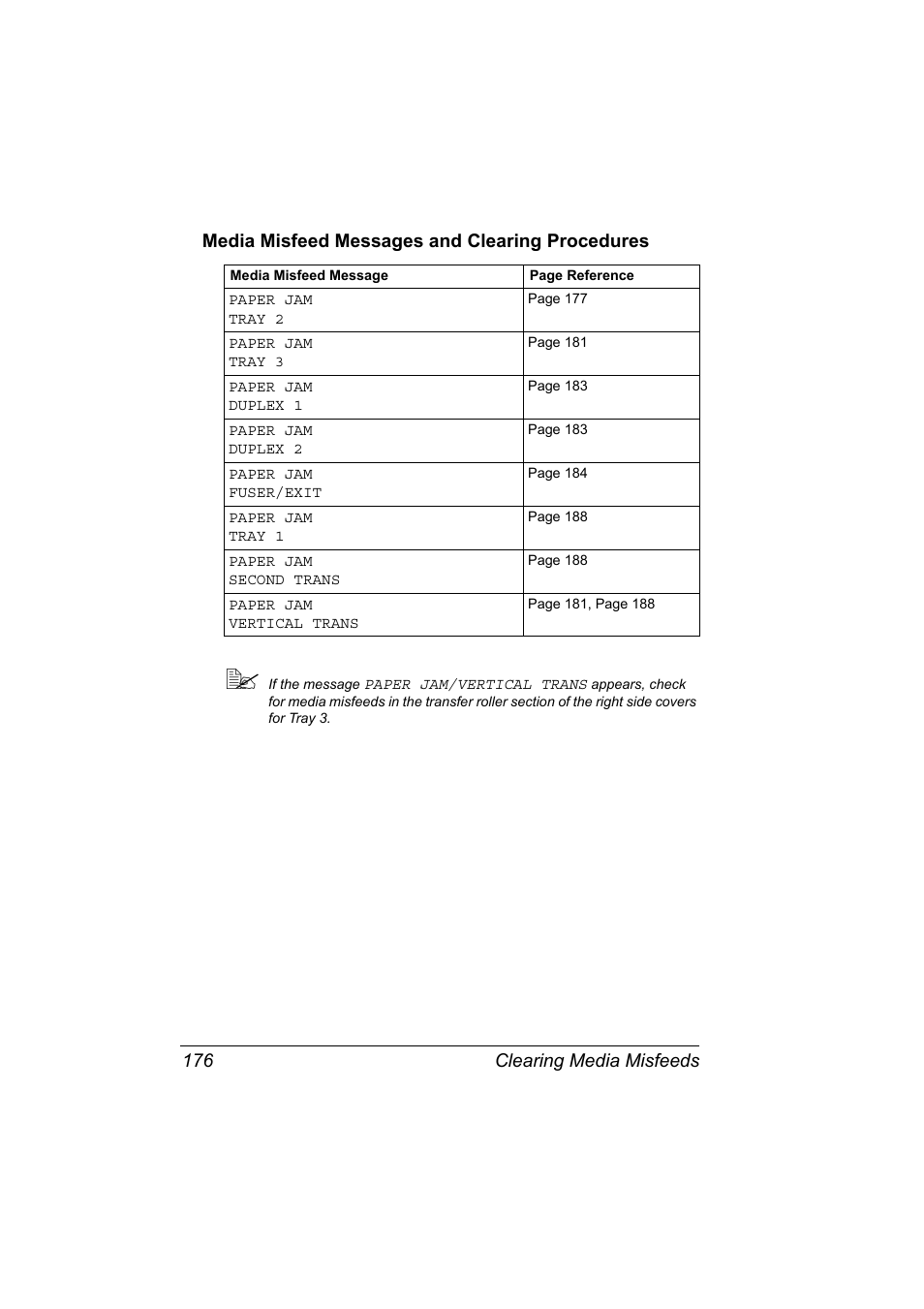 Media misfeed messages and clearing procedures, Media misfeed messages and clearing procedures 176 | Konica Minolta PagePro 4650EN User Manual | Page 190 / 260