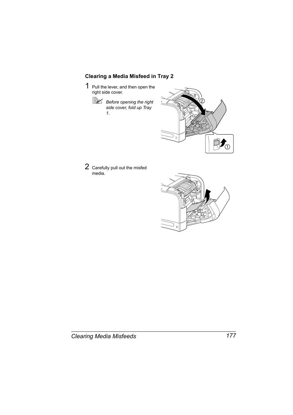 Clearing a media misfeed in tray 2, Clearing a media misfeed in tray 2 177 | Konica Minolta PagePro 4650EN User Manual | Page 191 / 260