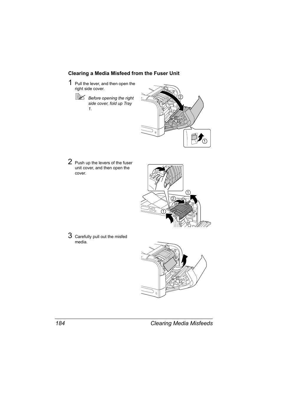 Clearing a media misfeed from the fuser unit, Clearing a media misfeed from the fuser unit 184 | Konica Minolta PagePro 4650EN User Manual | Page 198 / 260