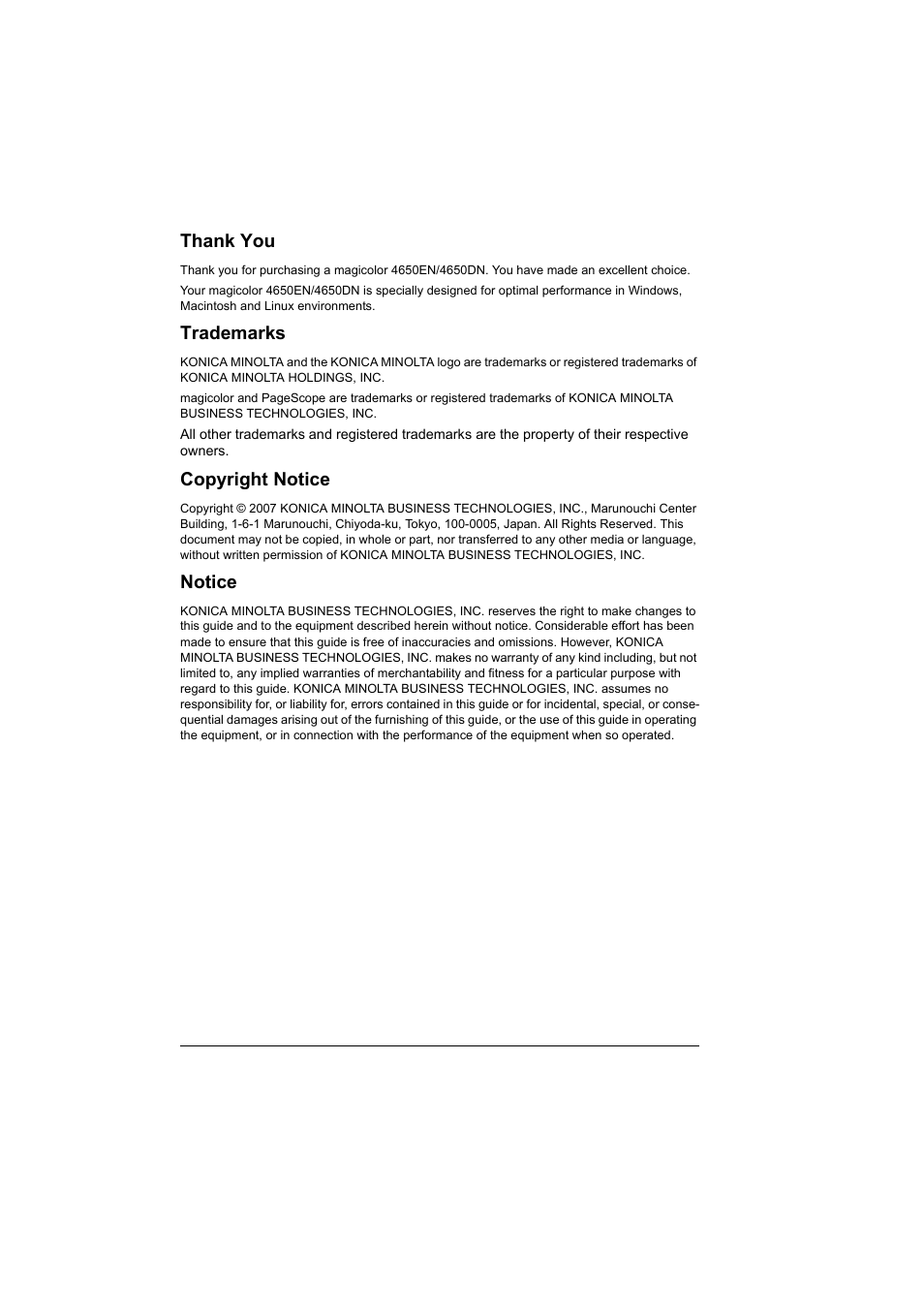 Trademarks, Copyright notice, Notice | Konica Minolta PagePro 4650EN User Manual | Page 2 / 260