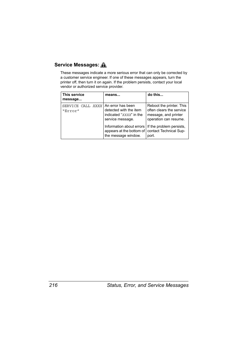 Service messages, Service messages: 216 | Konica Minolta PagePro 4650EN User Manual | Page 230 / 260