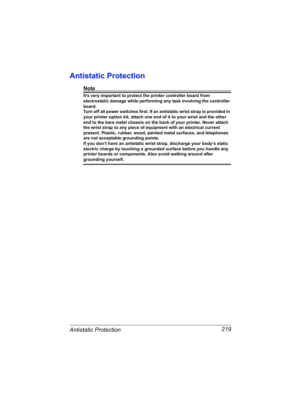 Antistatic protection, Antistatic protection 219 | Konica Minolta PagePro 4650EN User Manual | Page 233 / 260