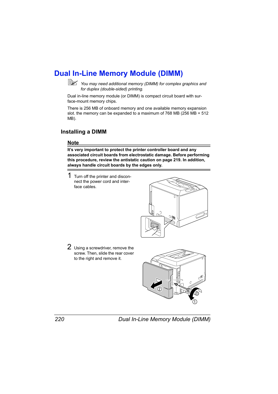 Dual in-line memory module (dimm), Installing a dimm, Dual in-line memory module (dimm) 220 | Installing a dimm 220 | Konica Minolta PagePro 4650EN User Manual | Page 234 / 260