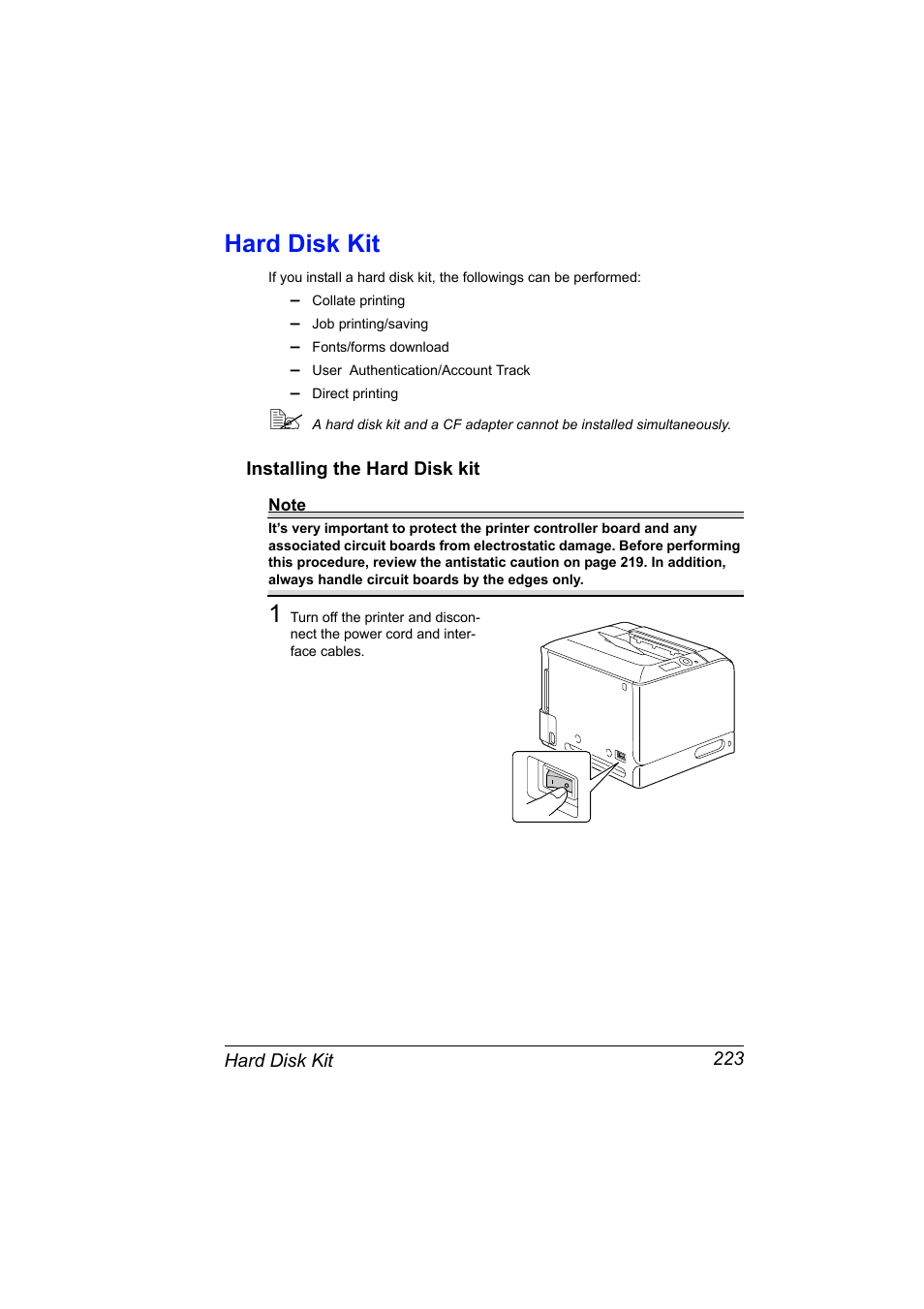 Hard disk kit, Installing the hard disk kit, Hard disk kit 223 | Installing the hard disk kit 223 | Konica Minolta PagePro 4650EN User Manual | Page 237 / 260