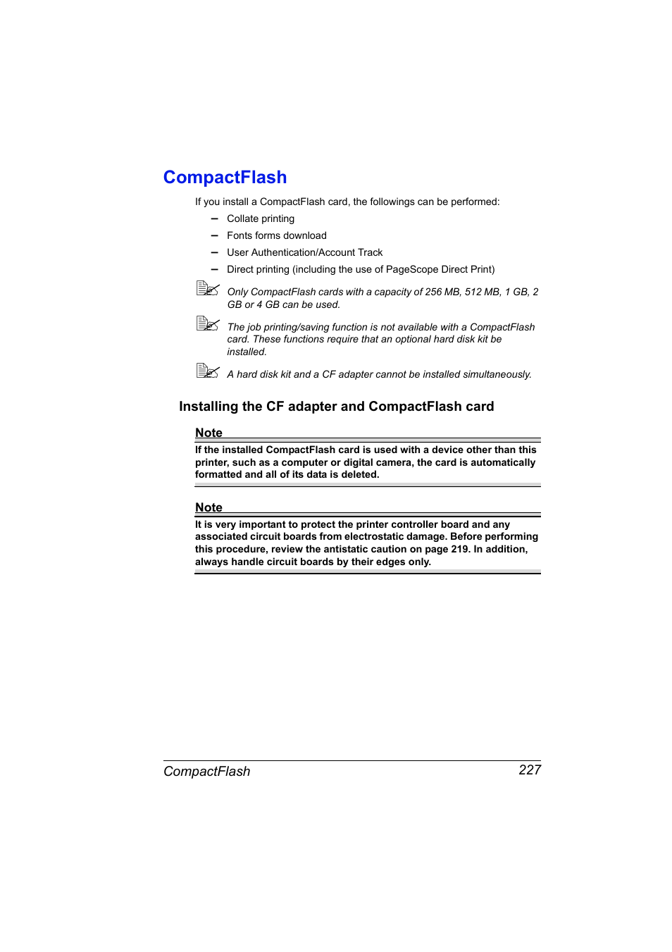 Compactflash, Installing the cf adapter and compactflash card, Compactflash 227 | Konica Minolta PagePro 4650EN User Manual | Page 241 / 260