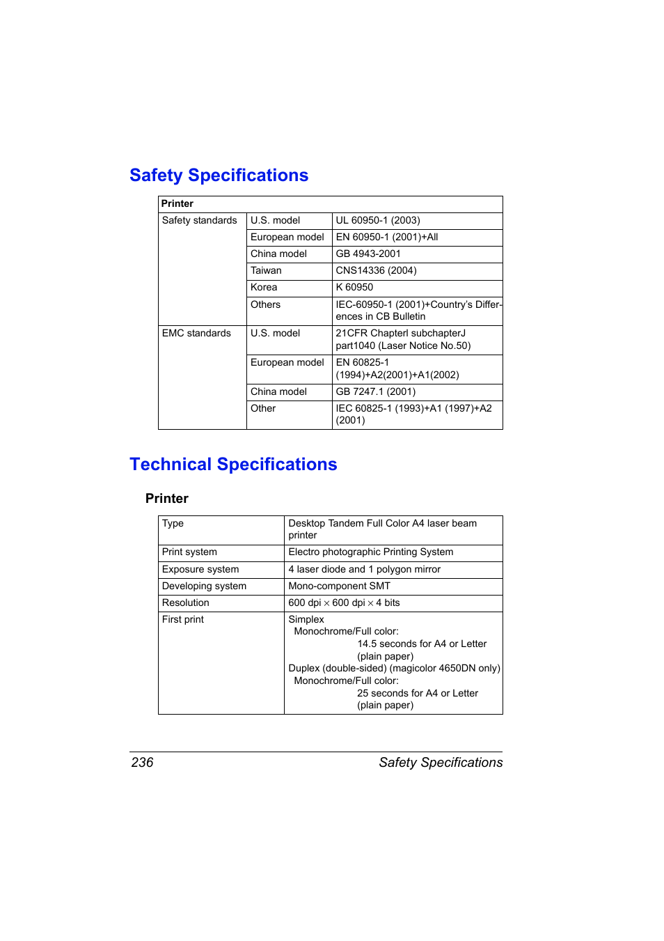 Safety specifications, Technical specifications, Printer | Printer 236, Safety specifications technical specifications, Safety specifications 236 | Konica Minolta PagePro 4650EN User Manual | Page 250 / 260