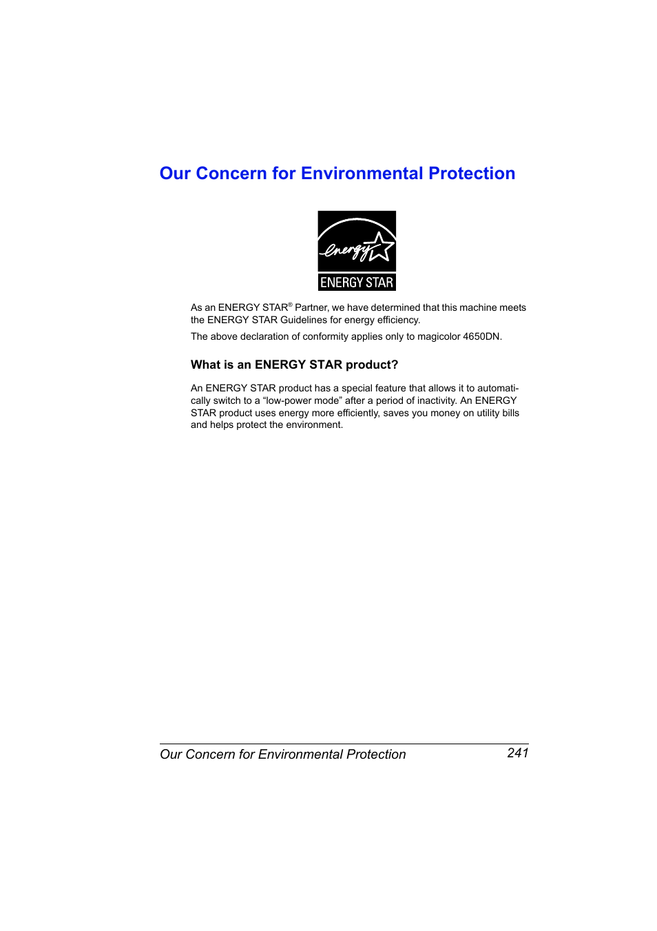 Our concern for environmental protection, What is an energy star product, Our concern for environmental protection 241 | What is an energy star product? 241 | Konica Minolta PagePro 4650EN User Manual | Page 255 / 260