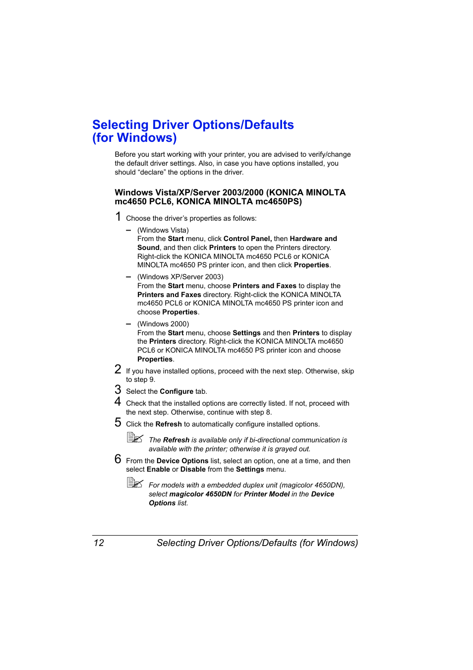 Selecting driver options/defaults (for windows), Selecting driver options/defaults, For windows) 12 | Konica Minolta PagePro 4650EN User Manual | Page 26 / 260