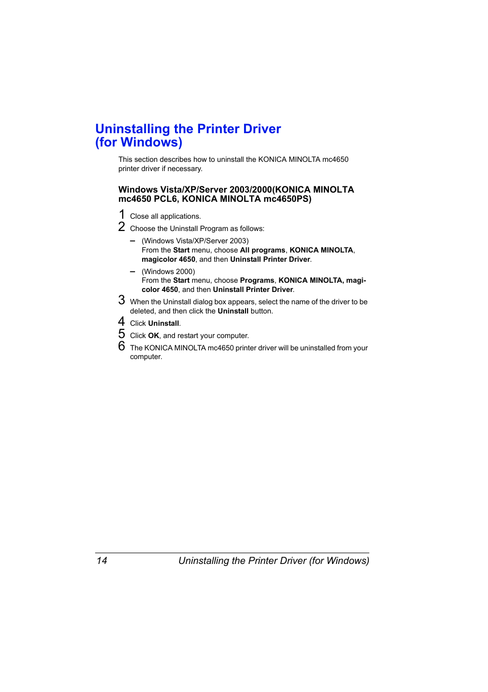 Uninstalling the printer driver (for windows), Uninstalling the printer driver, For windows) 14 | Konica Minolta PagePro 4650EN User Manual | Page 28 / 260