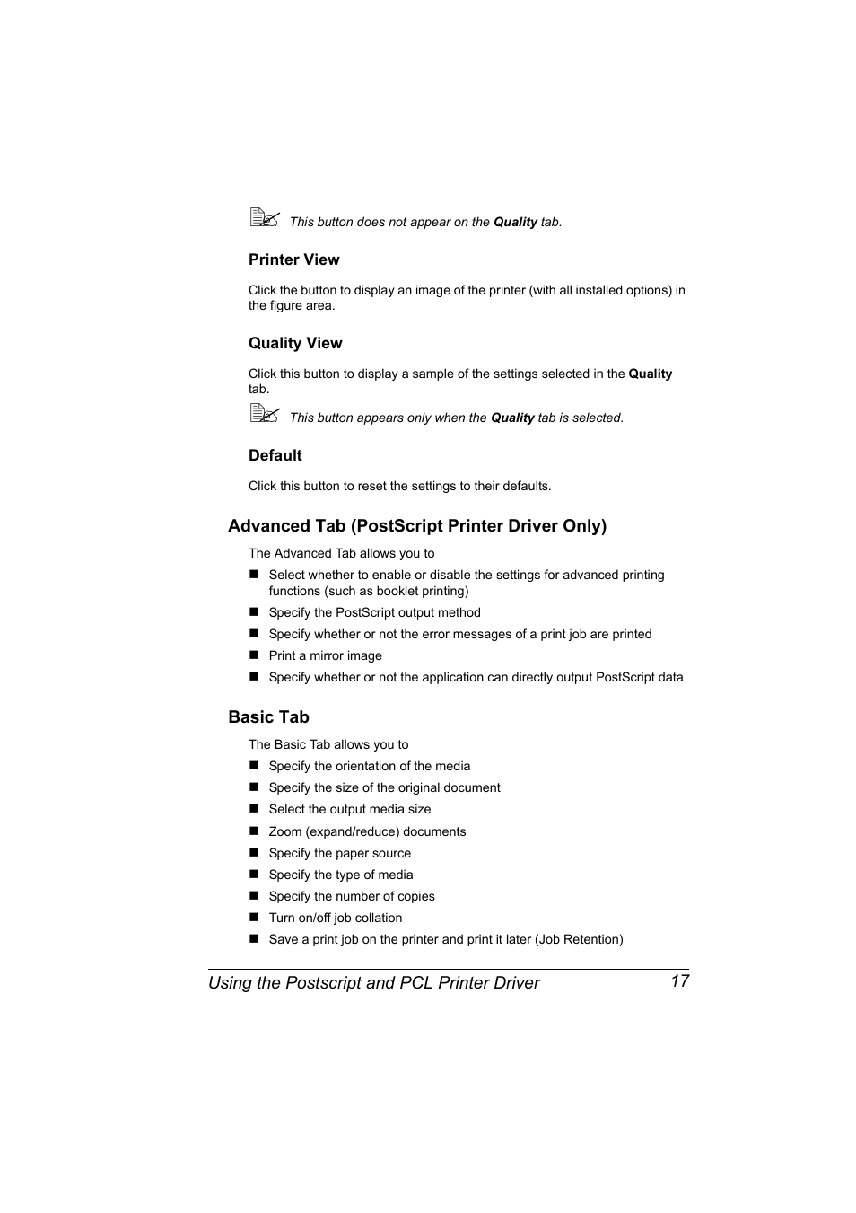 Printer view, Quality view, Default | Advanced tab (postscript printer driver only), Basic tab, Printer view 17 quality view 17 default 17 | Konica Minolta PagePro 4650EN User Manual | Page 31 / 260