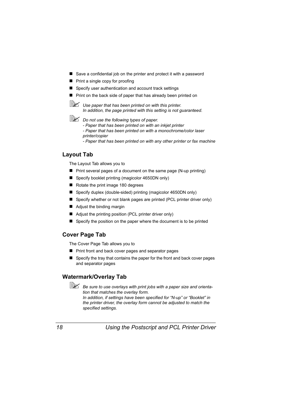 Layout tab, Watermark/overlay tab | Konica Minolta PagePro 4650EN User Manual | Page 32 / 260